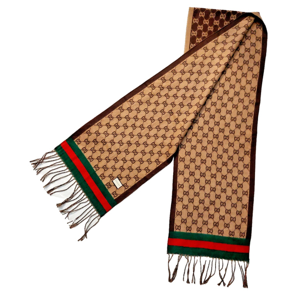 Gucci Brown & Tan GG Print w/ Green & Red Stripes Reversible Scarf Pre-owned - Picture 5 of 16